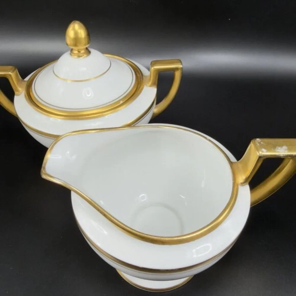 Antique Bavaria Tirschenreuth Fine Porcelain Sugar And Creamer Set Gold Trim VTG